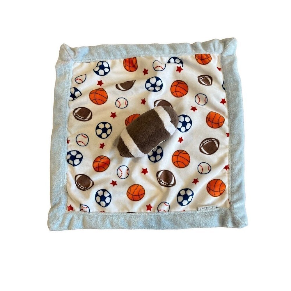 Carters Football Baby Lovey Sports Security Blanket Soccer Baseball Blue Trim